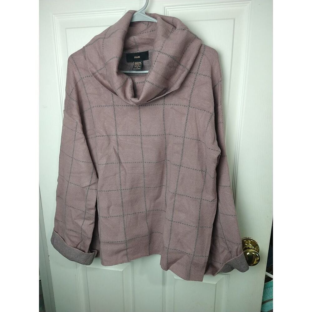 Rain Woman's M Sweater Purple Grey Windowpane Cowl Neck Soft Long Sleeves